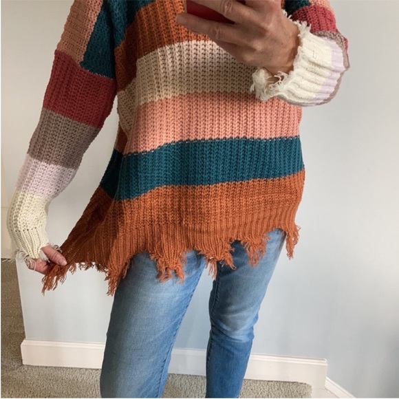 Oversized, Distressed Striped Sweater - Picture 6 of 9